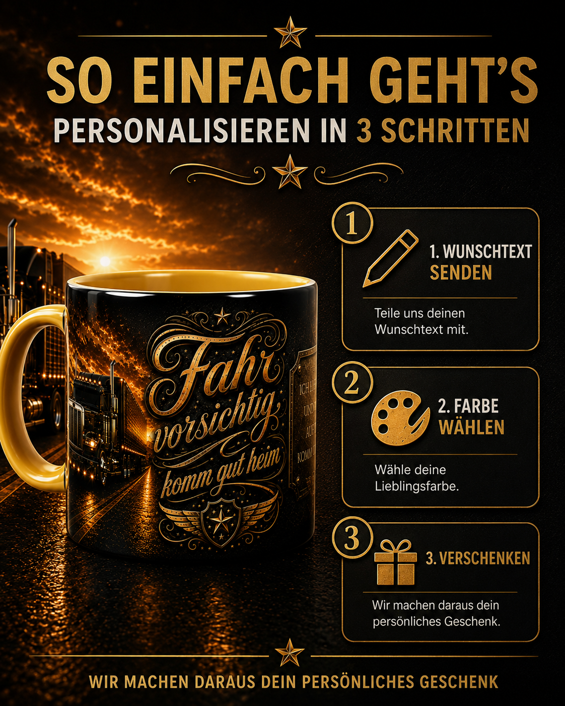 Personalisierte LKW Fahrer Tasse „Fahr vorsichtig, komm gut heim“